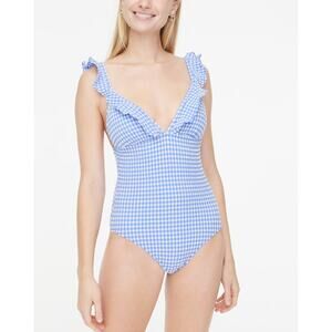 J.Crew Factory Seersucker Ruffle Shoulder V Neck One Piece Swimsuit - S